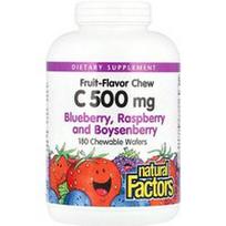 Natural Factors, Vaisių skonio kramtukai su vitaminu C, mėlynėmis, avietėmis ir boizenu, 500 mg, 180 kramtomųjų vaflių