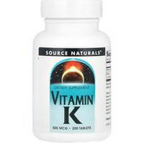 Source Naturals, Vitaminas K, 500 mcg, 200 tablečių