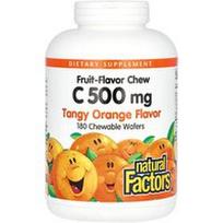 Natural Factors, Kramtomos tabletės su vitaminu C ir vaisių skoniu, gaivios apelsinų sultys, 500 mg, 180 kramtomųjų vaflių