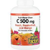 Natural Factors, Vitaminas C, vaisių skonio kramtukai, persikų, pasiflorų ir mango, 500 mg, 180 kramtomųjų vaflių