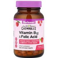 Bluebonnet Nutrition, „EarthSweet®“ kramtomosios tabletės su vitaminu B12 ir folio rūgštimi, aviečių skonio, 180 kramtomųjų tablečių