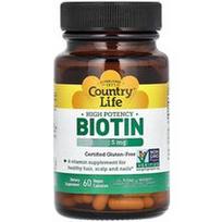 Country Life, Didelės koncentracijos biotinas, 5 mg, 60 veganiškų kapsulių