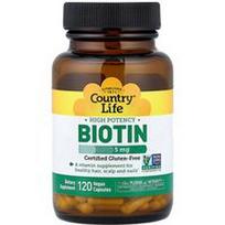 Country Life, Biotinas, didelės koncentracijos, 5 mg, 120 veganiškų kapsulių