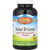 Carlson, Solar D Gems®, vitaminas D3 + omega-3, natūrali citrina, 360 minkštų gelių