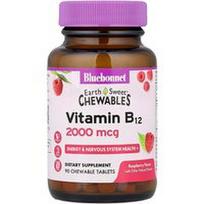 Bluebonnet Nutrition, „Earth Sweet®“ kramtomosios tabletės, vitaminas B12, avietės, 2000 mcg, 90 kramtomųjų tablečių