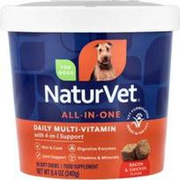 NaturVet, „Viskas viename“ kasdieniai multivitaminai, 4 sričių palaikymas, šunims, su šonine ir vištiena, 60 minkštų kramtomųjų gabalėlių, 240 g