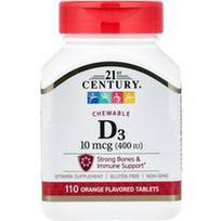 21st Century, Kramtomasis vitaminas D3, apelsinas, 100 mcg (400 TV), 110 tablečių