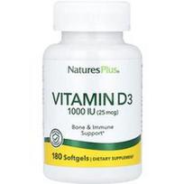 NaturesPlus, Vitaminas D3, 25 mcg (1000 TV), 180 minkštųjų gelių