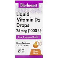 Bluebonnet Nutrition, Skystieji vitamino D3 lašai, citrusinių vaisių, 25 mcg (1000 TV), 30 ml (1 skysčio uncija)