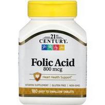 21st Century, Folio rūgštis, 800 mcg, 180 lengvai nuryjamų tablečių