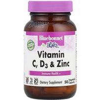 Bluebonnet Nutrition, Vitaminas C, D3 ir cinkas, 50 daržovių kapsulių