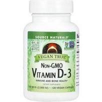 Source Naturals, Veganiškas tikras®, ne GMO vitaminas D-3, 50 mcg (2,000 TV), 120 veganiškų kapsulių