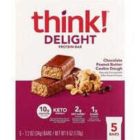Think !, „Delight“ baltymų batonėlis, šokoladinis ir žemės riešutų sviesto sausainių tešla, 5 batonėliai po 34 g