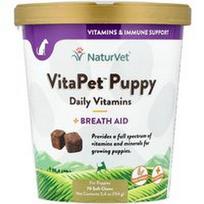 NaturVet, VitaPet™ šuniukų dienos vitaminai + kvėpavimo palengvinimas, šuniukams, 70 minkštų kramtomųjų tablečių, 154 g