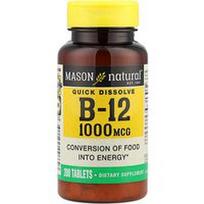 Mason Natural, Greitai ištirpsta, vitaminas B-12, 1 000 mcg, 200 tablečių