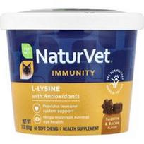 NaturVet, Imunitetui, L-lizinas su antioksidantais, katėms, lašiša ir šoninė, 60 minkštų kramtomųjų tablečių, 90 g
