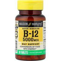 Mason Natural, Greitai ištirpsta, vitaminas B-12, 5 000 mcg, 30 tablečių