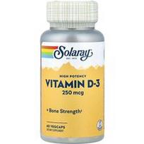 Solaray, Didelio stiprumo vitaminas D-3, 250 mcg, 60 Vegcaps