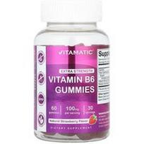 Vitamatic, Vitaminas B6, papildomas stiprumas, natūralios braškės, 60 guminukų (50 mg vienam guminukui)