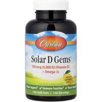 Carlson, Solar D Gems®, vitaminas D3 + omega-3, natūrali citrina, 120 minkštų gelių