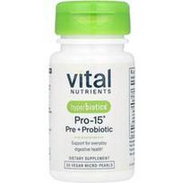 Vital Nutrients, Hiperbiotikai®, Pro-15®, Pre + probiotikai, 30 veganiškų mikroperlų