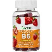 Lifeable, Vitamino B6 guminukai, didelio stiprumo, natūralių braškių skonio, 60 guminukų (50 mg viename guminuke)