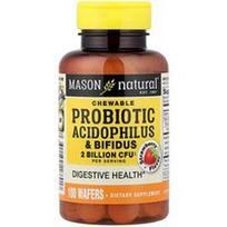Mason Natural, Kramtomos probiotinės medžiagos Acidophilus ir Bifidus, braškių skonio, 100 vaflių (34 mg viename vaflyje)