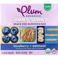 Plum Organics, Jammy Sammy®, užkandžių dydžio sumuštinių batonėlis, 15+ mėnesių, mėlynių ir avižinių dribsnių, 5 batonėliai, po 1.02 uncijos (29 g)