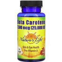 Nature's Life, Beta karotinas, 7 500 mcg (25 000 TV), 250 minkštųjų gelių
