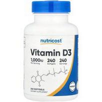 Nutricost, Vitaminas D3, 25 mcg (1000 TV), 240 minkštųjų gelių