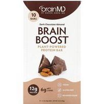 BrainMD, Brain Boost, augalinis baltymų batonėlis, juodojo šokolado migdolai, 10 batonėlių, po 1,5 uncijos (50 g)