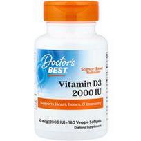Doctor's Best, Vitaminas D3, 50 mikrogramų (2 000 TV), 180 daržovių minkštųjų gelių