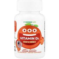 VitaWorks, Vaikams, vitamino D3 kramtomieji, apelsinai, 120 kramtomųjų tablečių (12,5 mcg viename kramtomajame preparate)