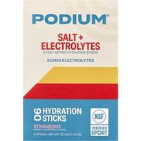 Podium Nutrition, Druska + elektrolitai, hidratacijos lazdelės, braškių skonio, 6 lazdelės po 0,19 uncijos (5,4 g) kiekviena