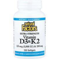 Natural Factors, Vitaminas D3 ir K2, 120 minkštųjų kapsulių
