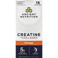 Ancient Nutrition, Kreatinas + kolagenas, apelsinų skonio, 15 gelio pakelių po 30 ml (1 skysčio uncija)