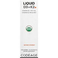 Codeage, Skystas D3 + K2, be skonio, 29,6 ml (1 skysčio uncija)