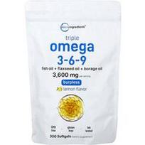 Micro Ingredients, Trigubos Omega 3-6-9, citrinų skonio, 300 minkštųjų kapsulių