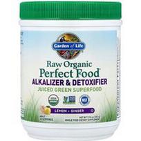 Garden of Life, Žalias ekologiškas „Perfect Food®“, šarminis ir detoksikuojantis, citrinų ir imbiero skonio, 282 g