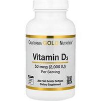 California Gold Nutrition, Vitaminas D3, 50 mcg (2 000 TV), 360 žuvų želatinos minkštųjų gelių