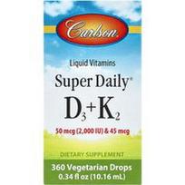 Carlson, Super Daily® D3 + K2, 50 mcg (2 000 TV) ir 45 mcg, 0,34 fl uncijos (10,16 ml)