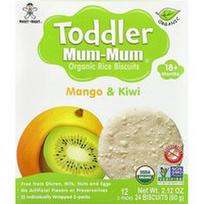 Hot Kid, Ekologiški ryžių sausainiai „Toddler Mum-Mum®“, 18+ mėnesių, su mangu ir kiviu, 12 pakelių po 2 sausainius
