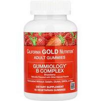California Gold Nutrition, „Gummiology®“ B komplekso guminukai su vitaminais B6 ir B12, folatais ir biotinu, braškių skonio, 45 vegetariški guminukai