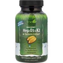 Irwin Naturals, Didelės koncentracijos Mega D3 ir K2 + ciberžolės ekstraktas, 60 skystų minkštųjų kapsulių