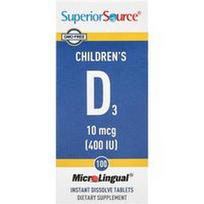 Superior Source, Vaikams skirtas D3 vitaminas, 10 mcg (400 TV), 100 greitai tirpstančių „MicroLingual®“ tablečių