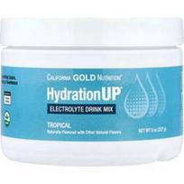 California Gold Nutrition, gėrimo mišinys su elektrolitais „HydrationUP®“ su kalciu, kaliu, vitaminu C ir vitaminu E, atogrąžų vaisių skonio, 227 g