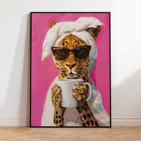 Modern Leopard Drinking Morning Coffee Colorful Dopamine Prints Canvas Painting Poster Picture For Living Room Home Decor 30X40CM No Framed black