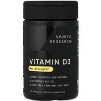 Sports Research, Vitaminas D3, maksimalus stiprumas, 250 mcg (10 000 TV), 120 minkštųjų gelių