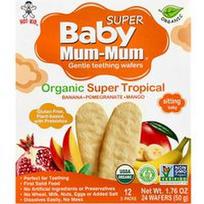 Hot Kid, Baby Mum-Mum® Super, švelnūs dantukų dygimo vafliai, mažyliams, ekologiški super tropiniai, 12 pakelių po 2 vaflius
