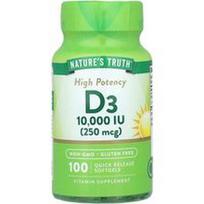 Nature's Truth, Vitaminas D3, didelio stiprumo, 250 mcg (10 000 TV), 100 greito atpalaidavimo minkštųjų gelių